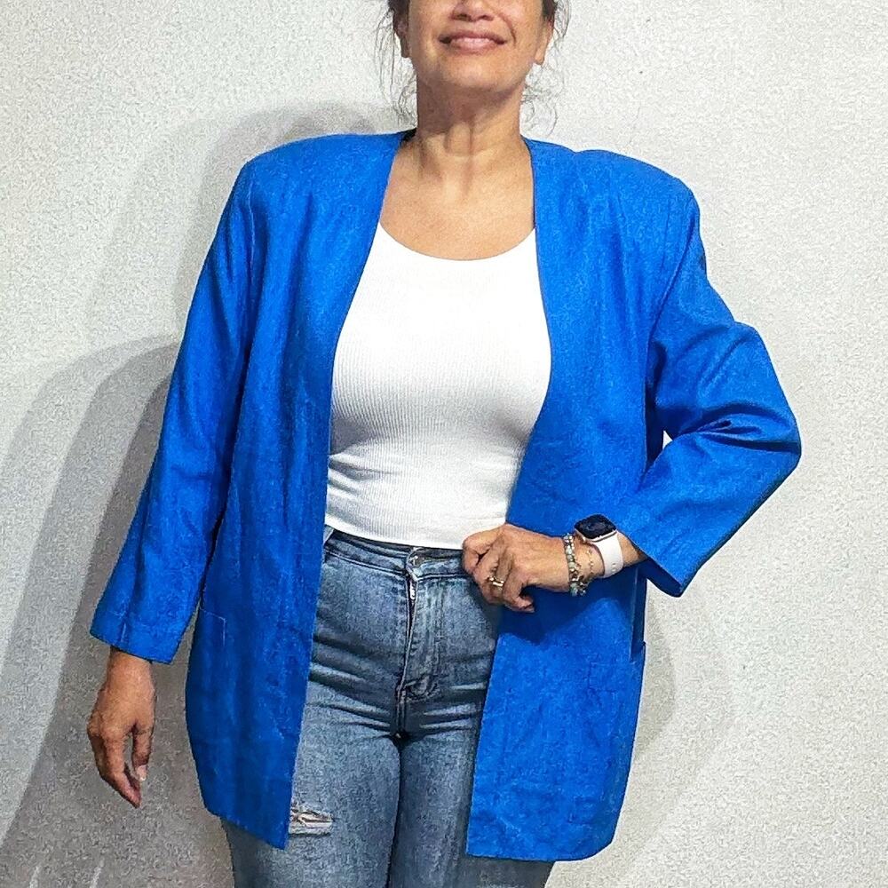 Silk Studio by Claude Bennett Blue Open Front Vintage Silk Blazer Sz 16